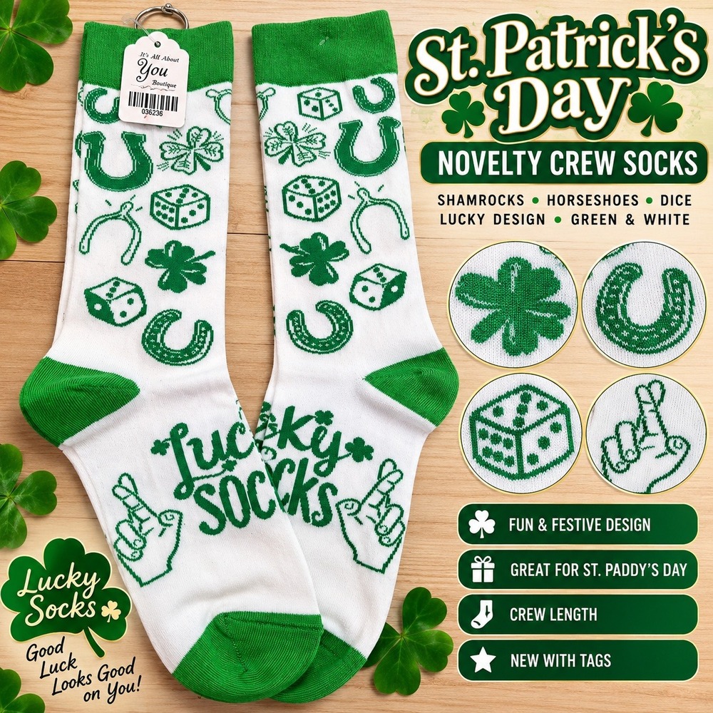 St Patricks Day Novelty Crew Socks Lucky Socks Shamrocks Horseshoes Green White